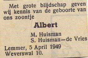 Huisman, Albert Martens geboorte 1949